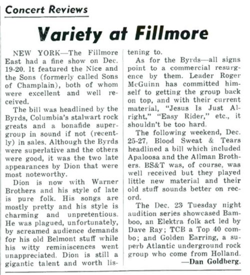 Fillmore East show review December 23 1969 with The Golden Earring published in Record World Magazine January 10 1970